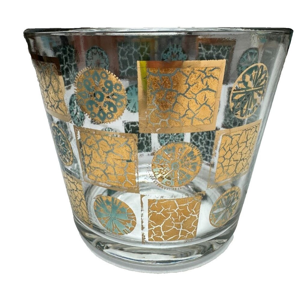 Vintage Culver Carnival Ice Bucket  Gold Leaf Turquoise Glass Retro Mod 60s MCM